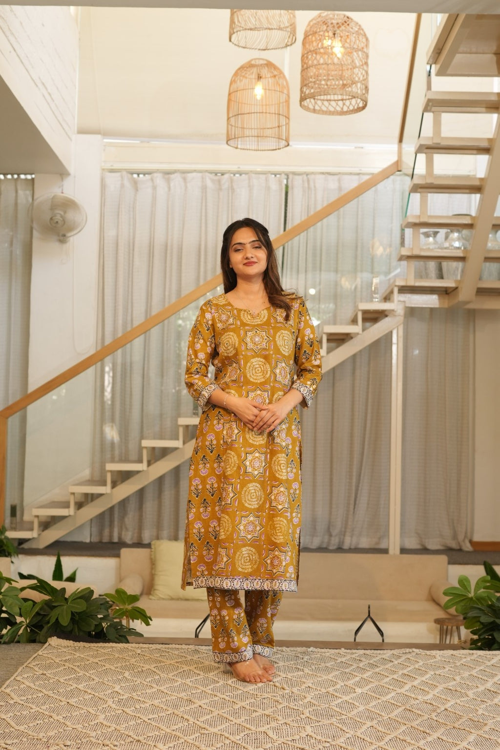 Mustard Printed Ethnic Set – Kurta, Pant & Dupatta