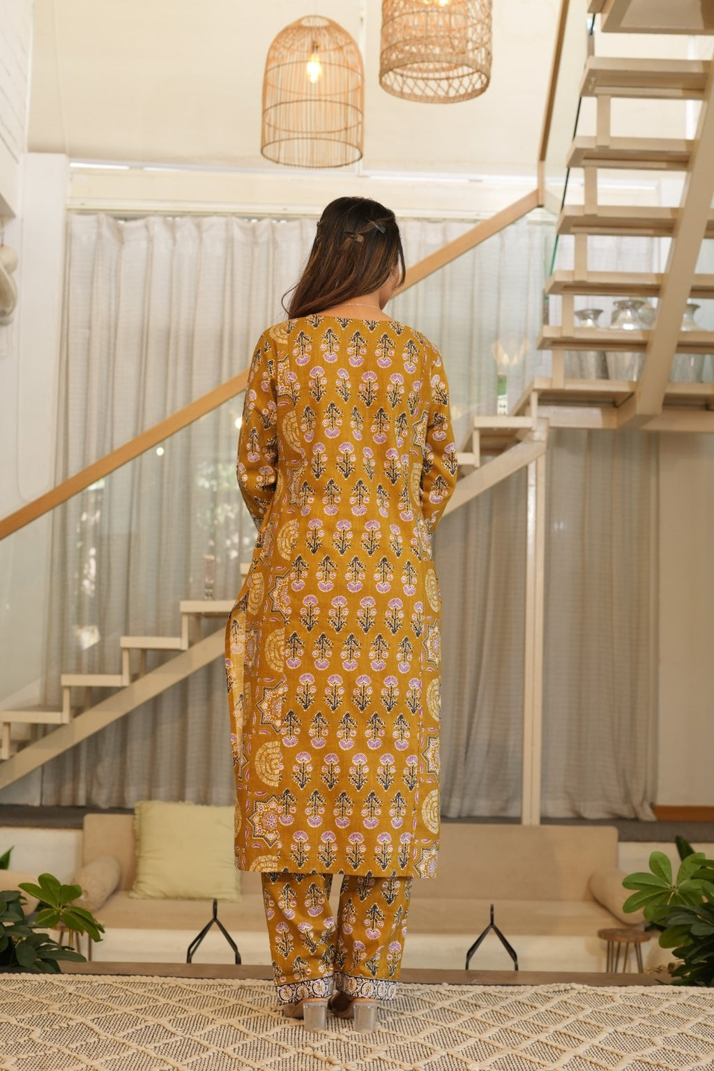 Mustard Printed Ethnic Set – Kurta, Pant & Dupatta