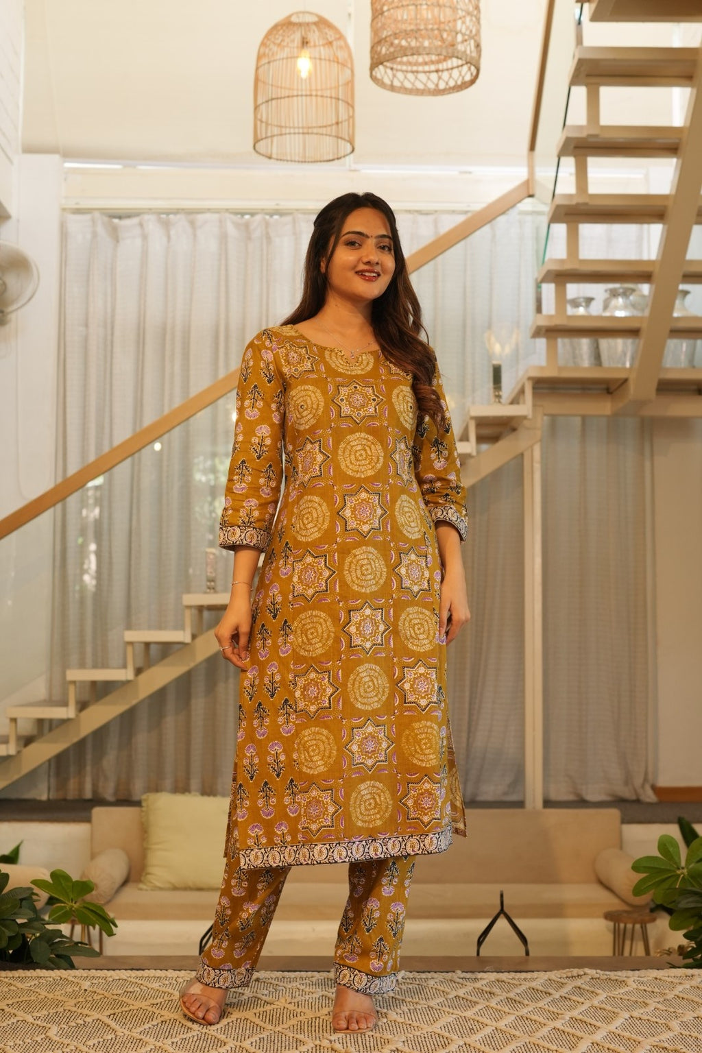 Mustard Printed Ethnic Set – Kurta, Pant & Dupatta