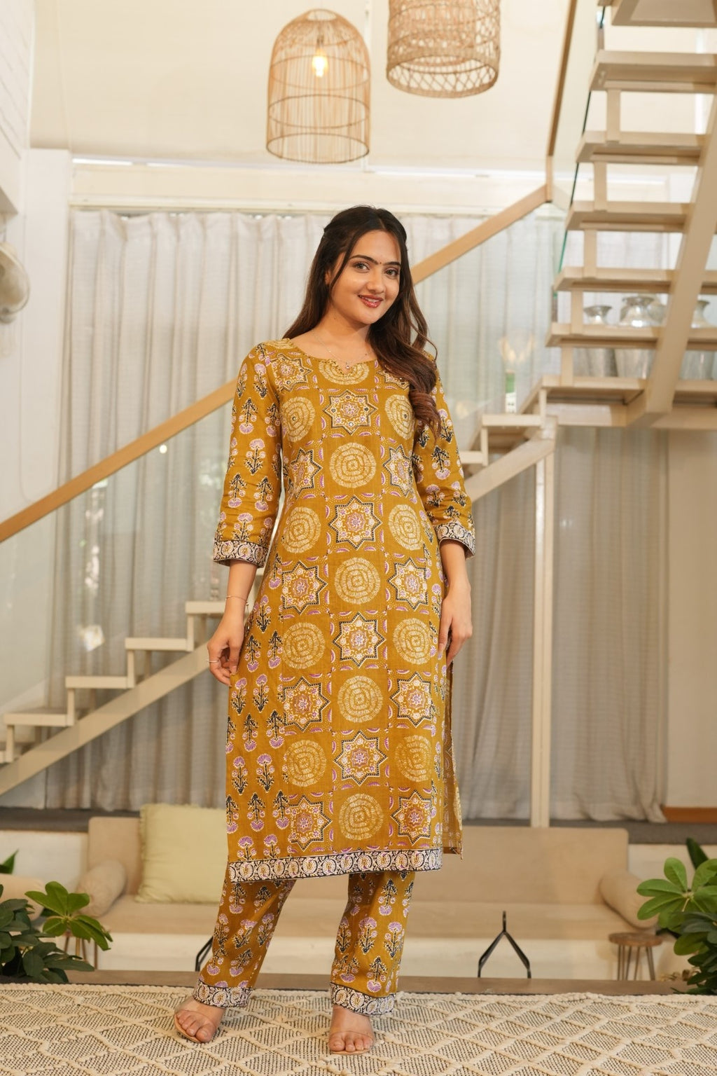 Mustard Printed Ethnic Set – Kurta, Pant & Dupatta