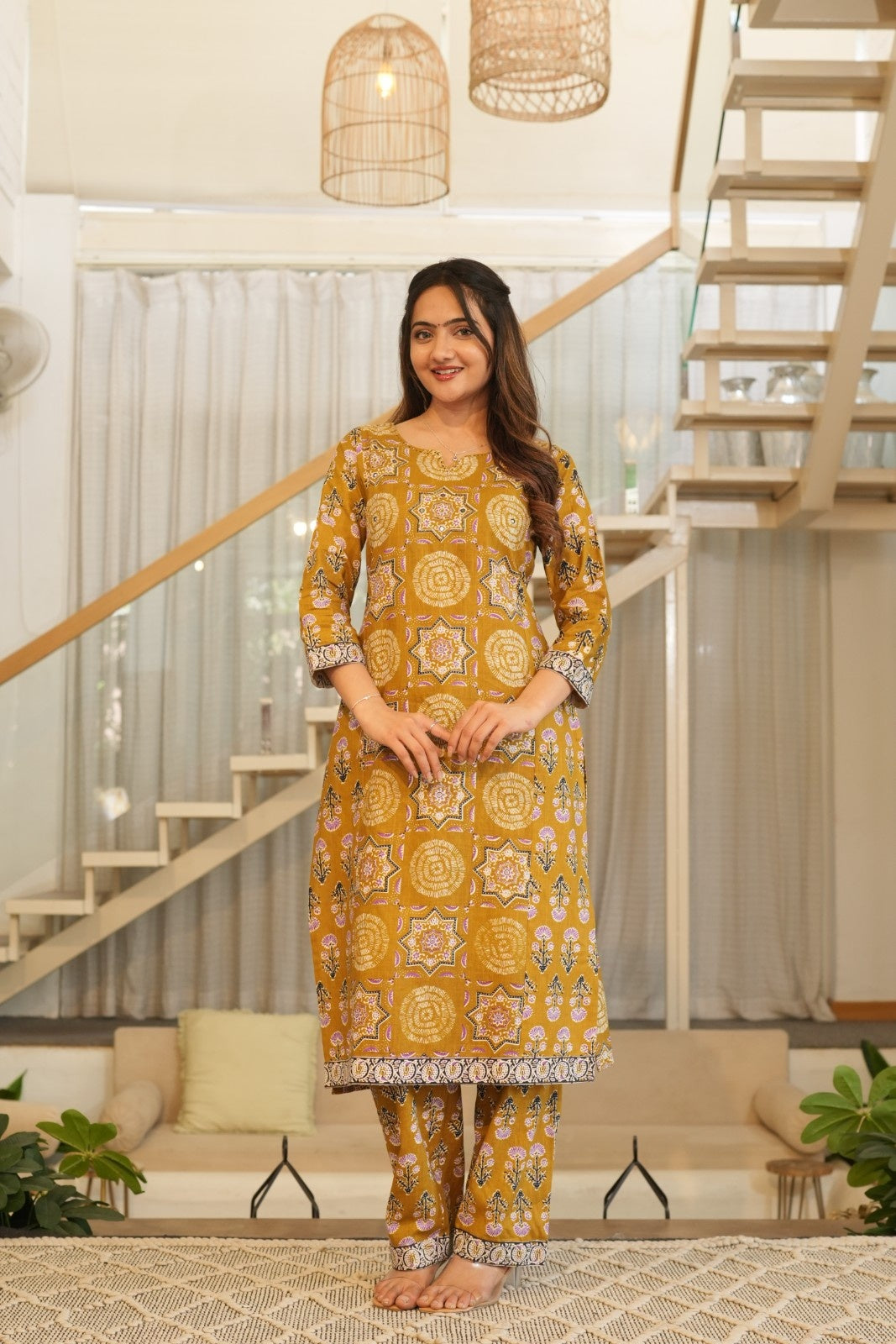 Mustard Printed Ethnic Set – Kurta, Pant & Dupatta