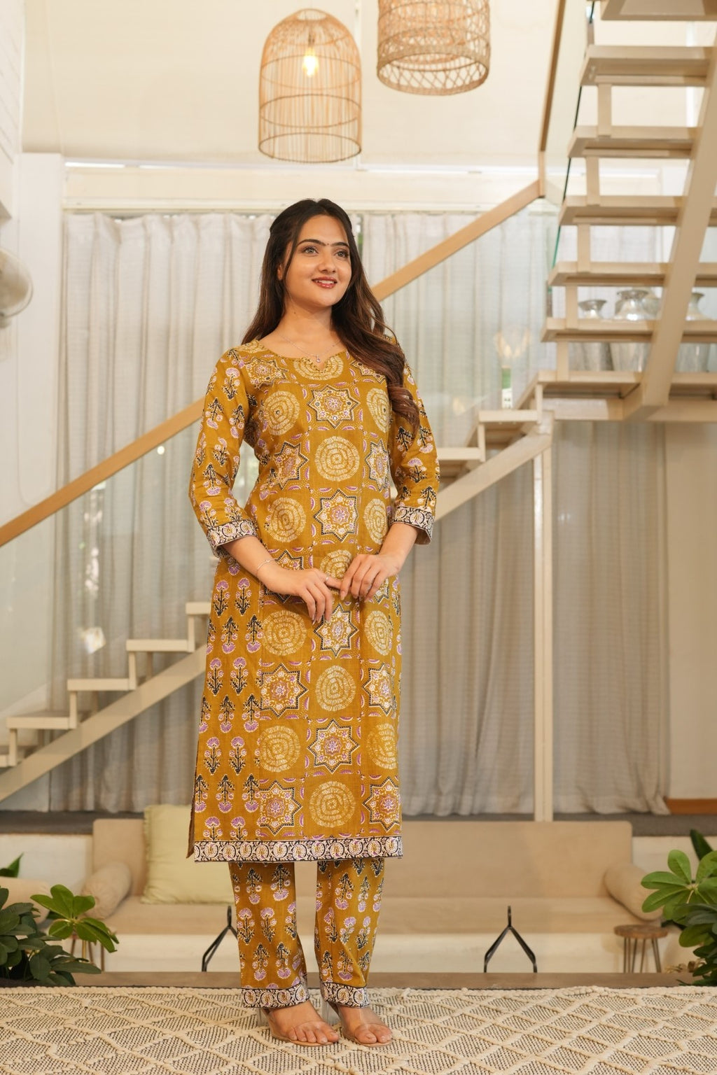 Mustard Printed Ethnic Set – Kurta, Pant & Dupatta