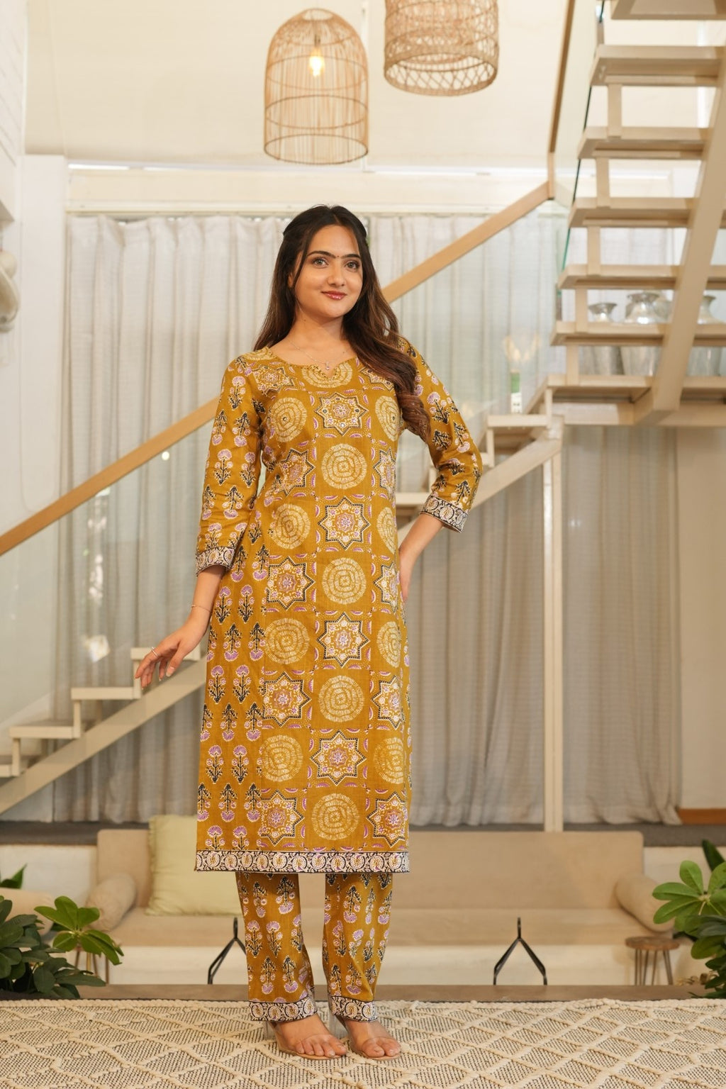 Mustard Printed Ethnic Set – Kurta, Pant & Dupatta