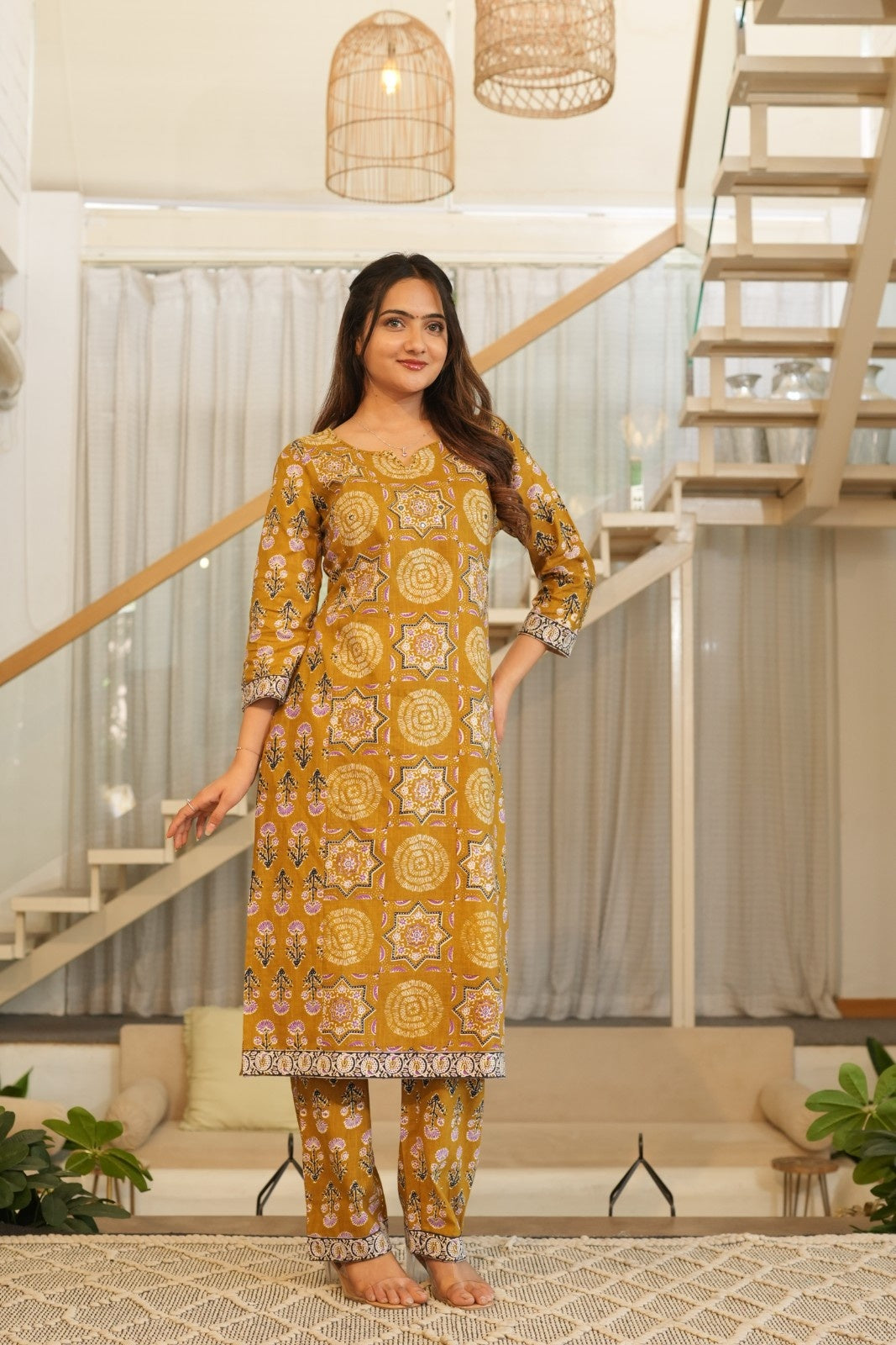 Mustard Printed Ethnic Set – Kurta, Pant & Dupatta