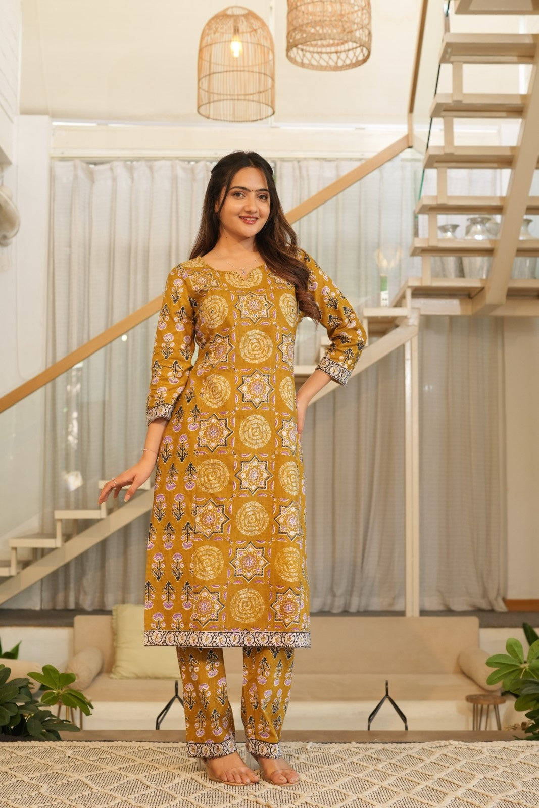 Mustard Printed Ethnic Set – Kurta, Pant & Dupatta