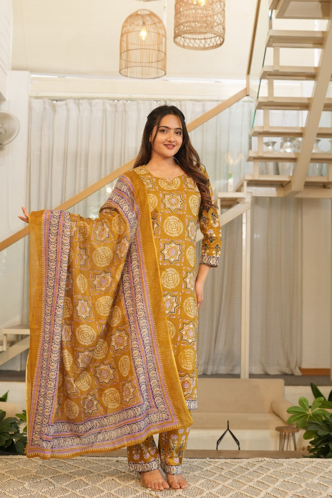 Mustard Printed Ethnic Set – Kurta, Pant & Dupatta