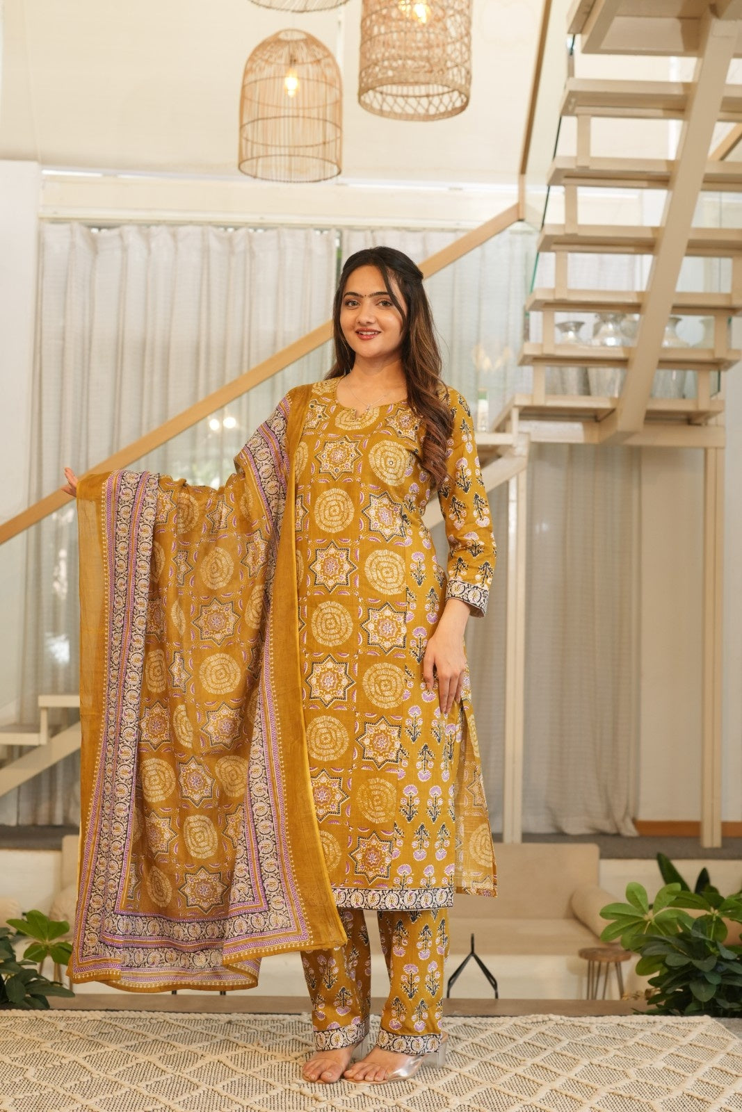 Mustard Printed Ethnic Set – Kurta, Pant & Dupatta