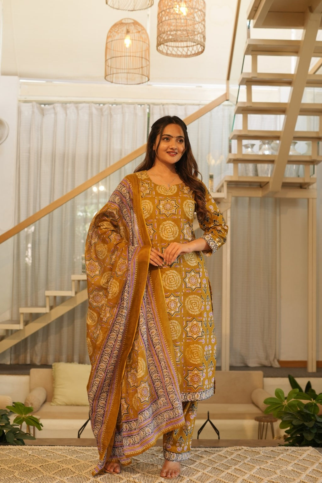 Mustard Printed Ethnic Set – Kurta, Pant & Dupatta