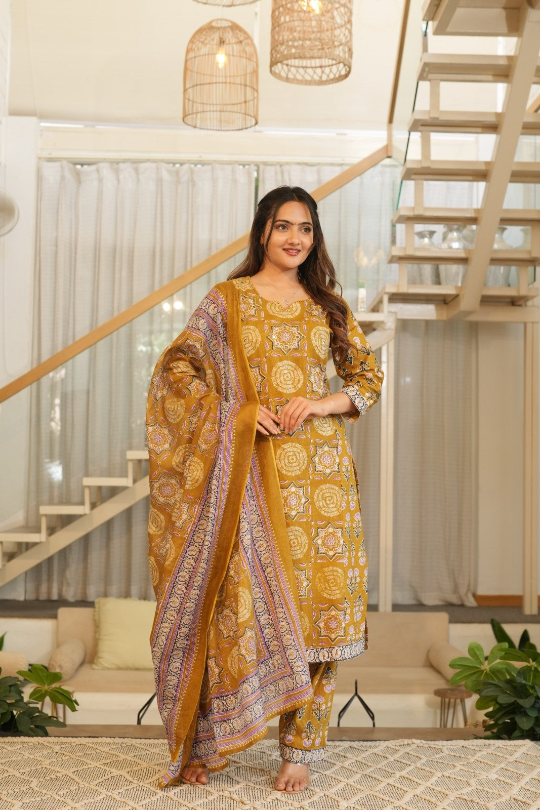Mustard Printed Ethnic Set – Kurta, Pant & Dupatta