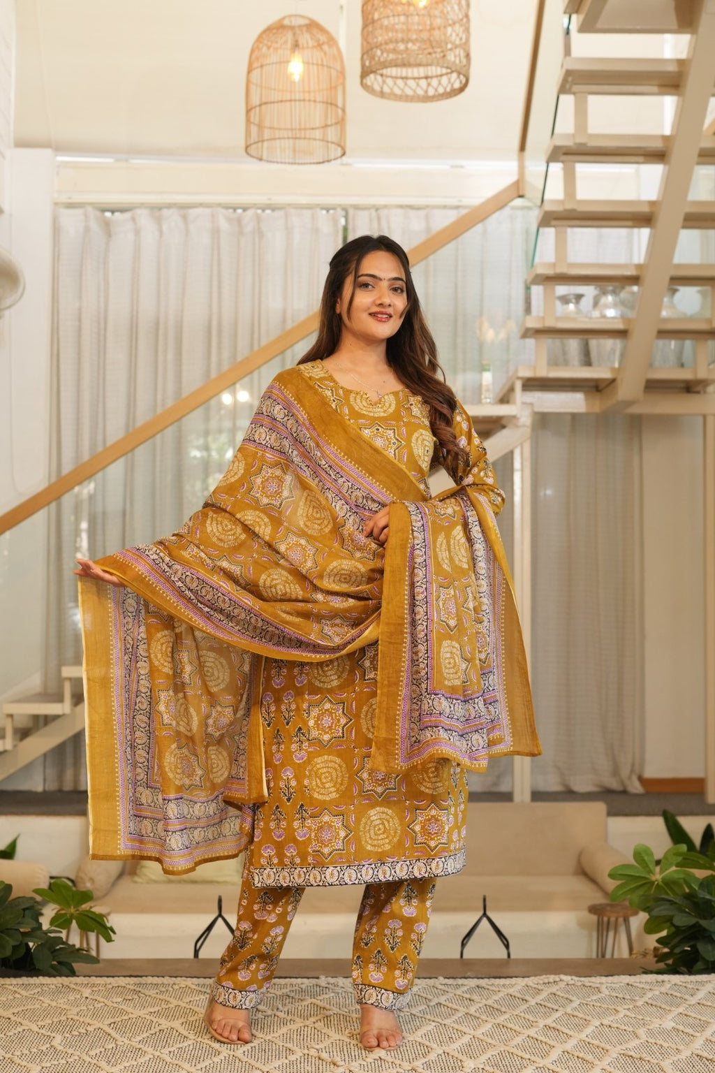 Mustard Printed Ethnic Set – Kurta, Pant & Dupatta