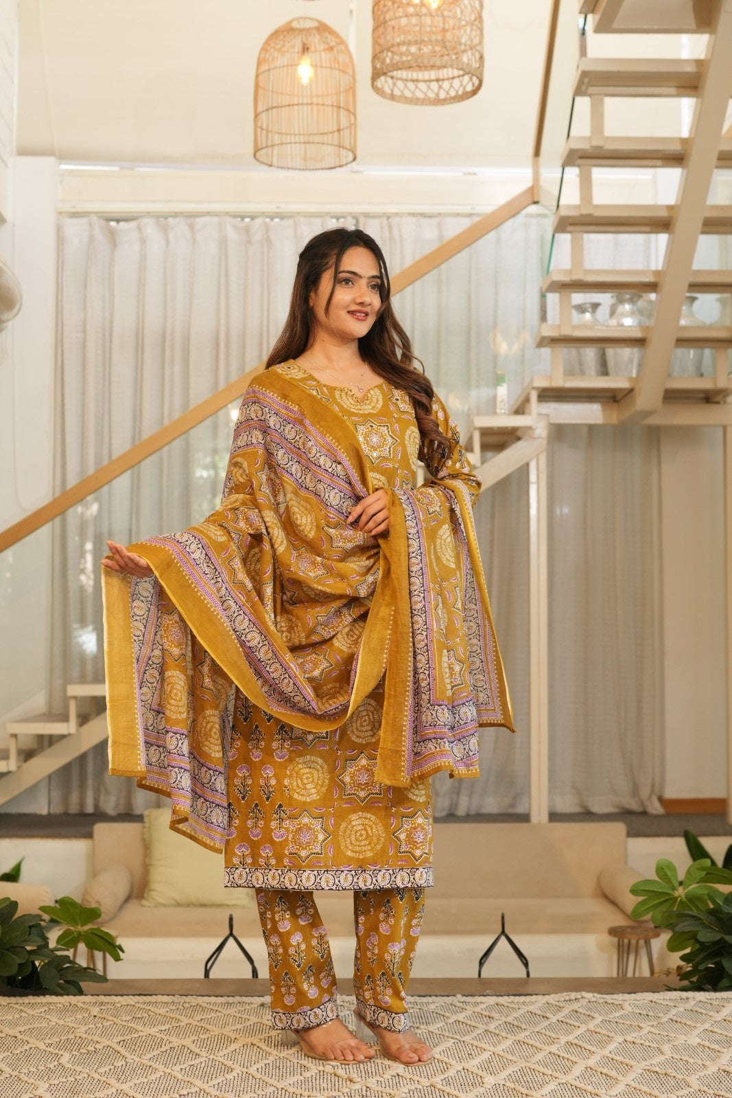 Mustard Printed Ethnic Set – Kurta, Pant & Dupatta