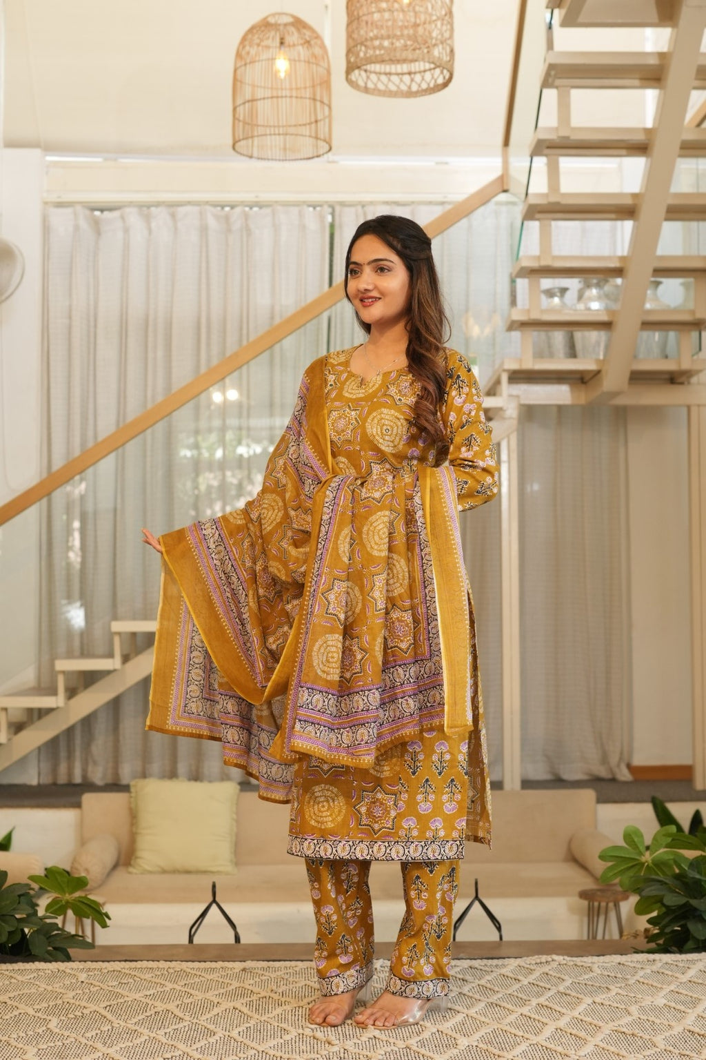 Mustard Printed Ethnic Set – Kurta, Pant & Dupatta