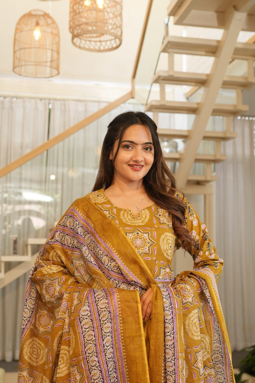 Mustard Printed Ethnic Set – Kurta, Pant & Dupatta