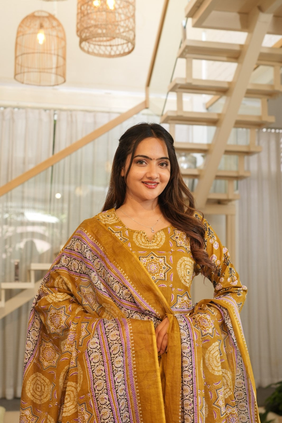 Mustard Printed Ethnic Set – Kurta, Pant & Dupatta