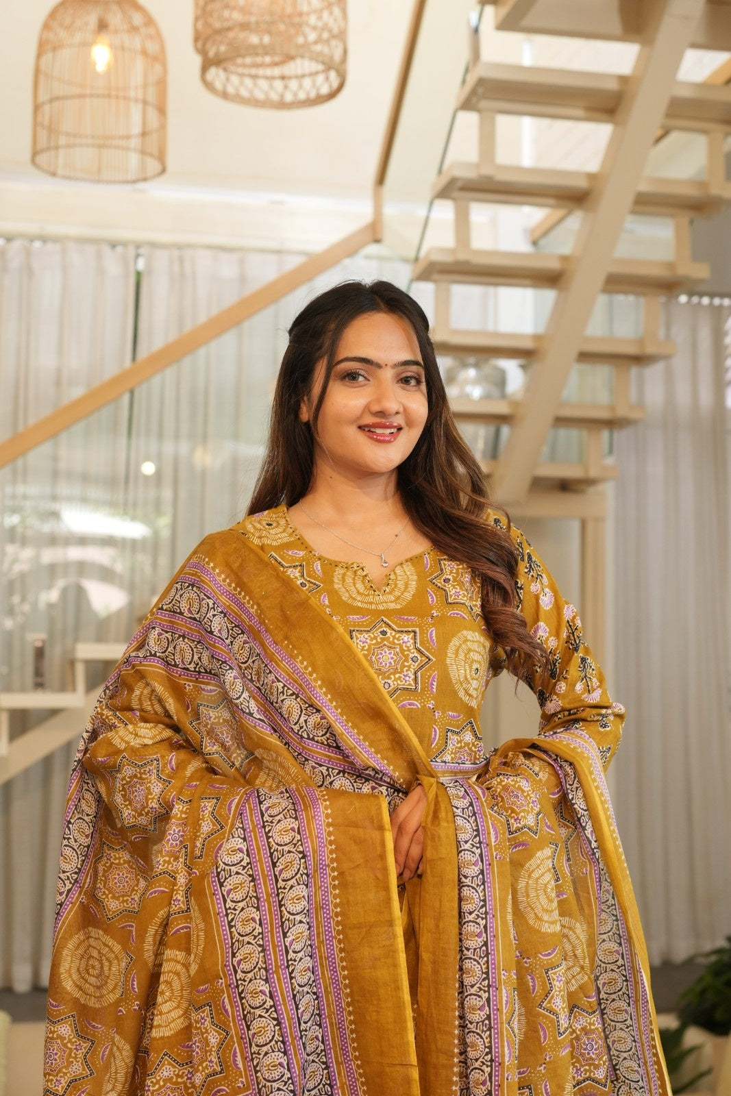 Mustard Printed Ethnic Set – Kurta, Pant & Dupatta