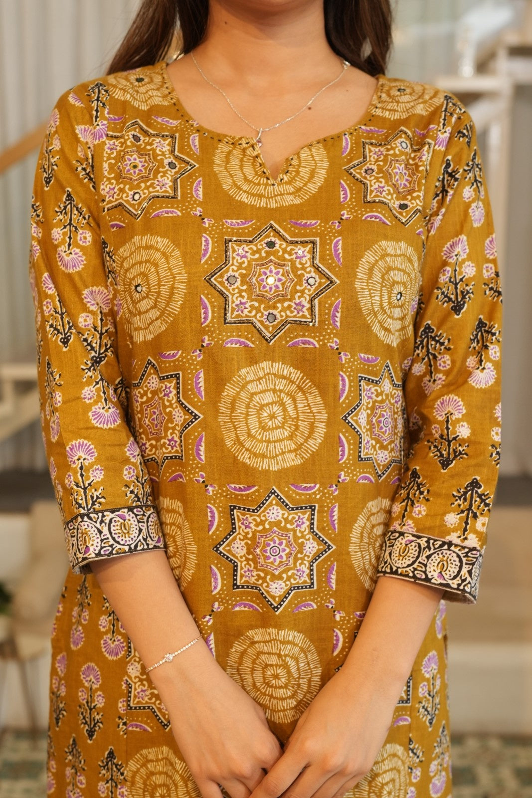 Mustard Printed Ethnic Set – Kurta, Pant & Dupatta
