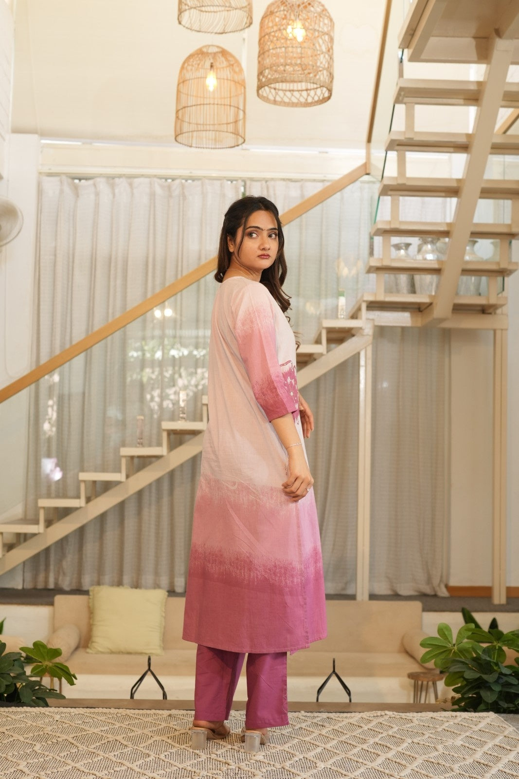 Soft Pink Ombre Ethnic Set – Kurta, Pant & Dupatta