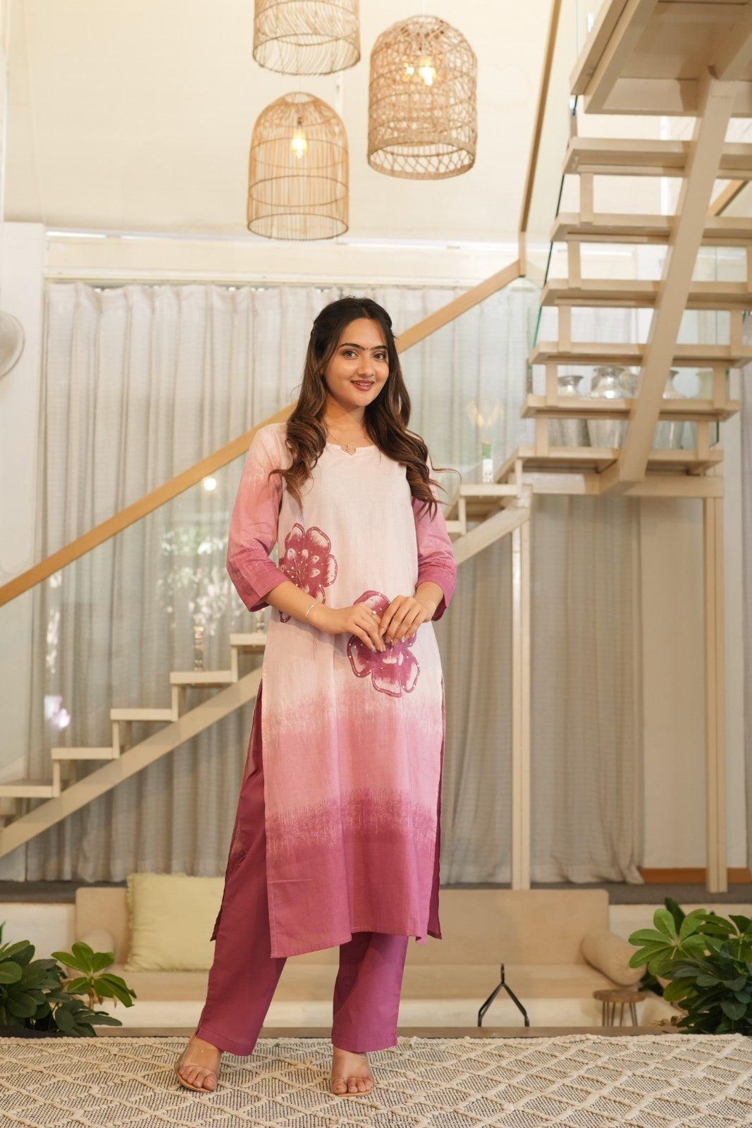 Soft Pink Ombre Ethnic Set – Kurta, Pant & Dupatta