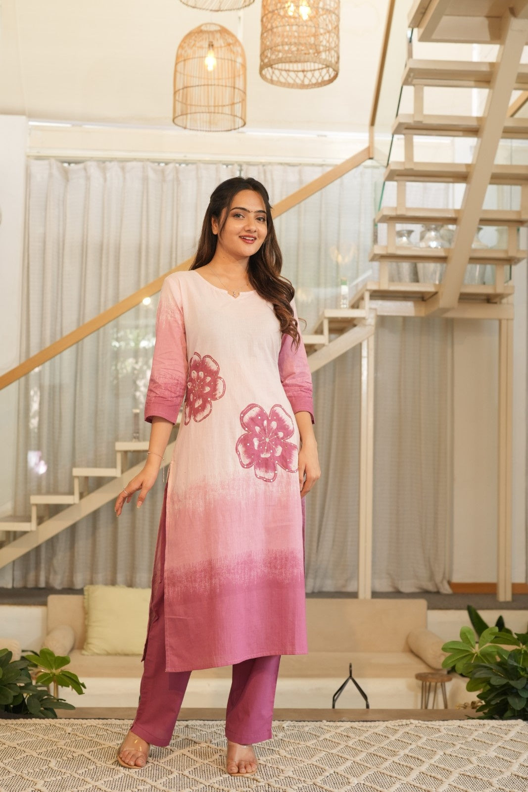 Soft Pink Ombre Ethnic Set – Kurta, Pant & Dupatta