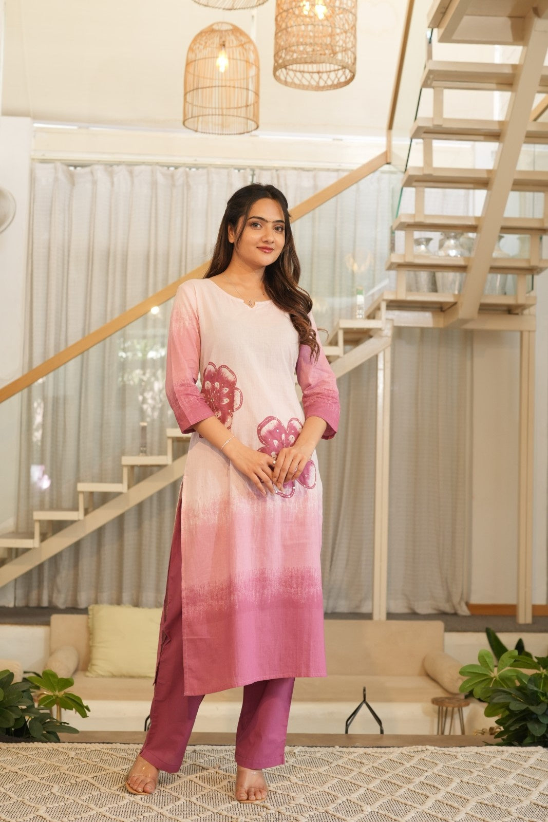 Soft Pink Ombre Ethnic Set – Kurta, Pant & Dupatta