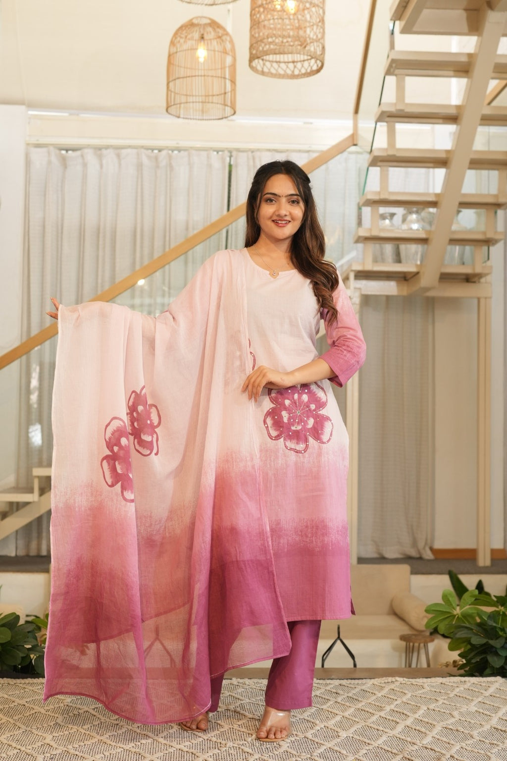 Soft Pink Ombre Ethnic Set – Kurta, Pant & Dupatta