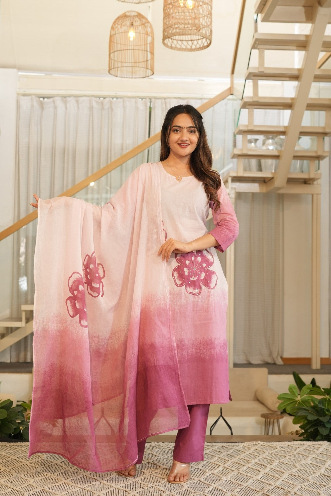 Soft Pink Ombre Ethnic Set – Kurta, Pant & Dupatta