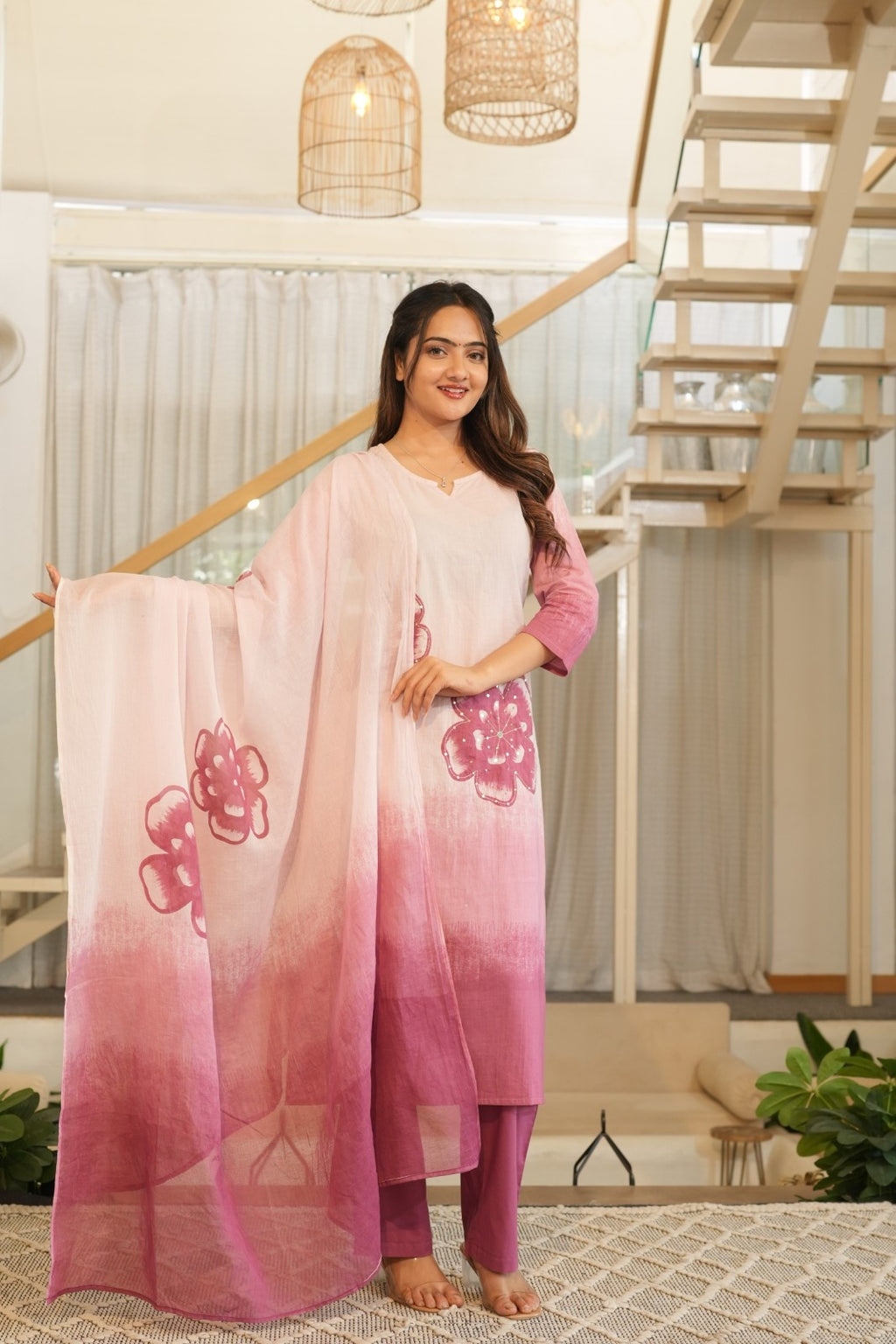 Soft Pink Ombre Ethnic Set – Kurta, Pant & Dupatta