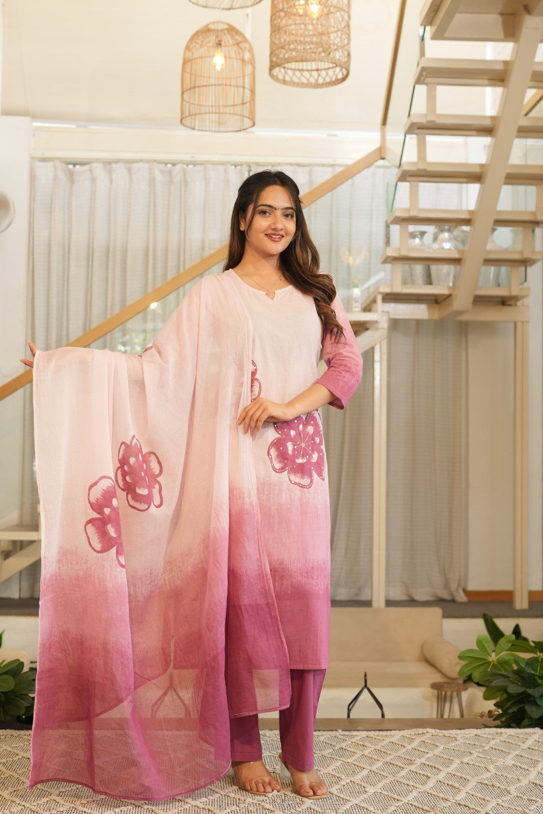 Soft Pink Ombre Ethnic Set – Kurta, Pant & Dupatta