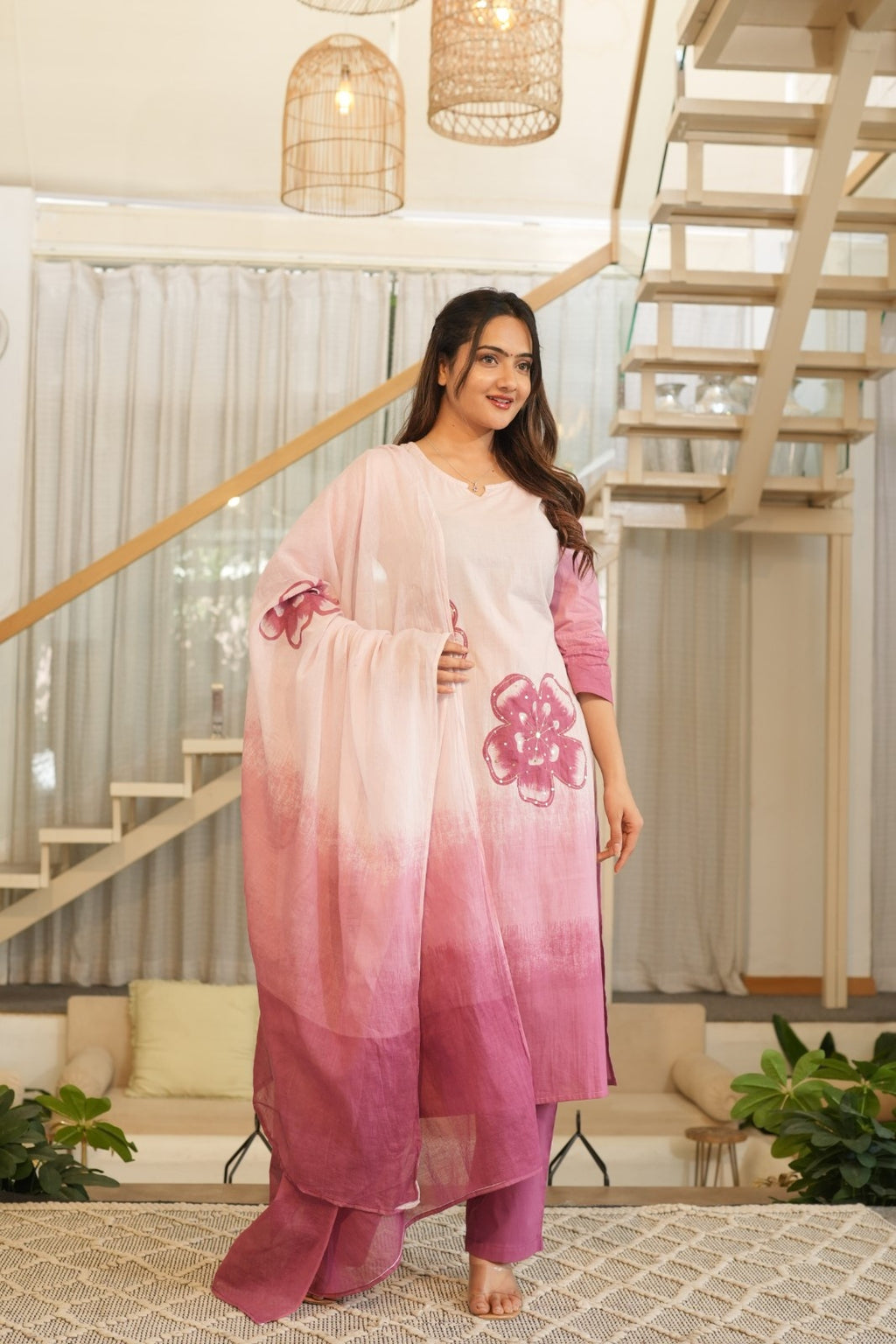 Soft Pink Ombre Ethnic Set – Kurta, Pant & Dupatta
