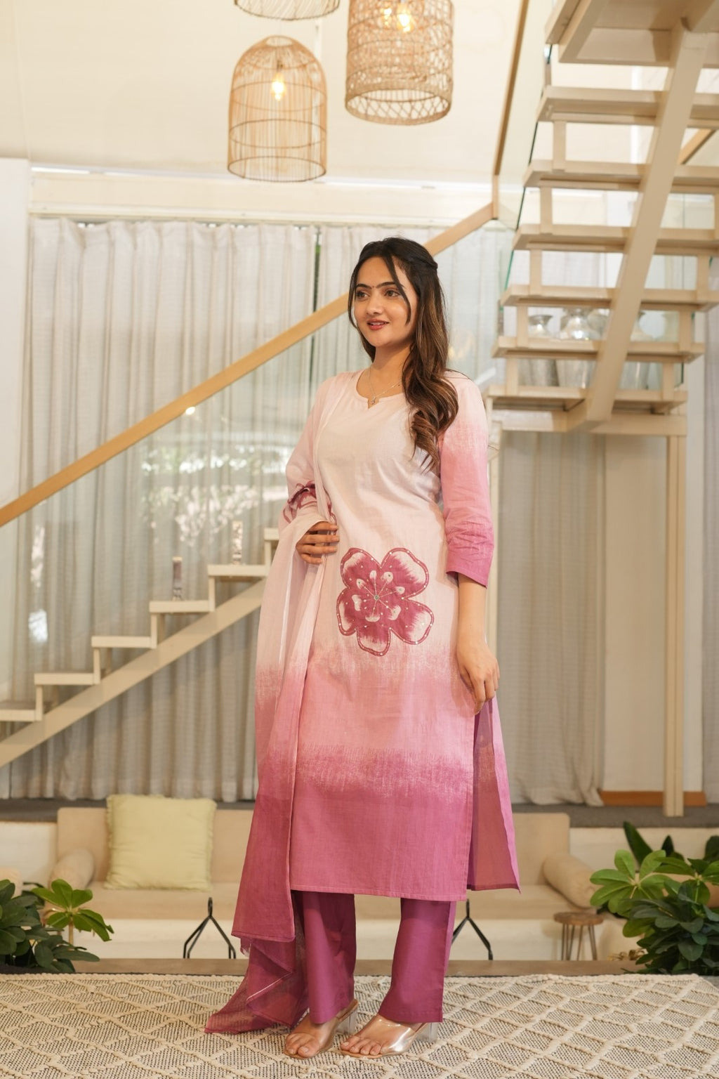 Soft Pink Ombre Ethnic Set – Kurta, Pant & Dupatta
