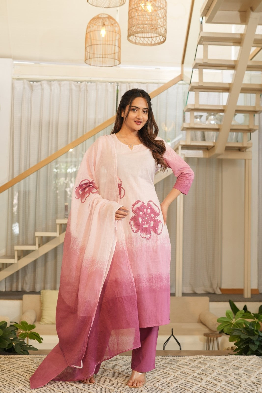 Soft Pink Ombre Ethnic Set – Kurta, Pant & Dupatta