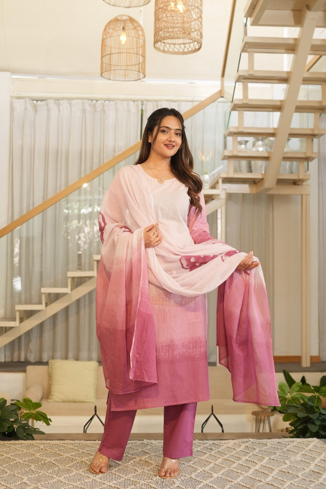 Soft Pink Ombre Ethnic Set – Kurta, Pant & Dupatta