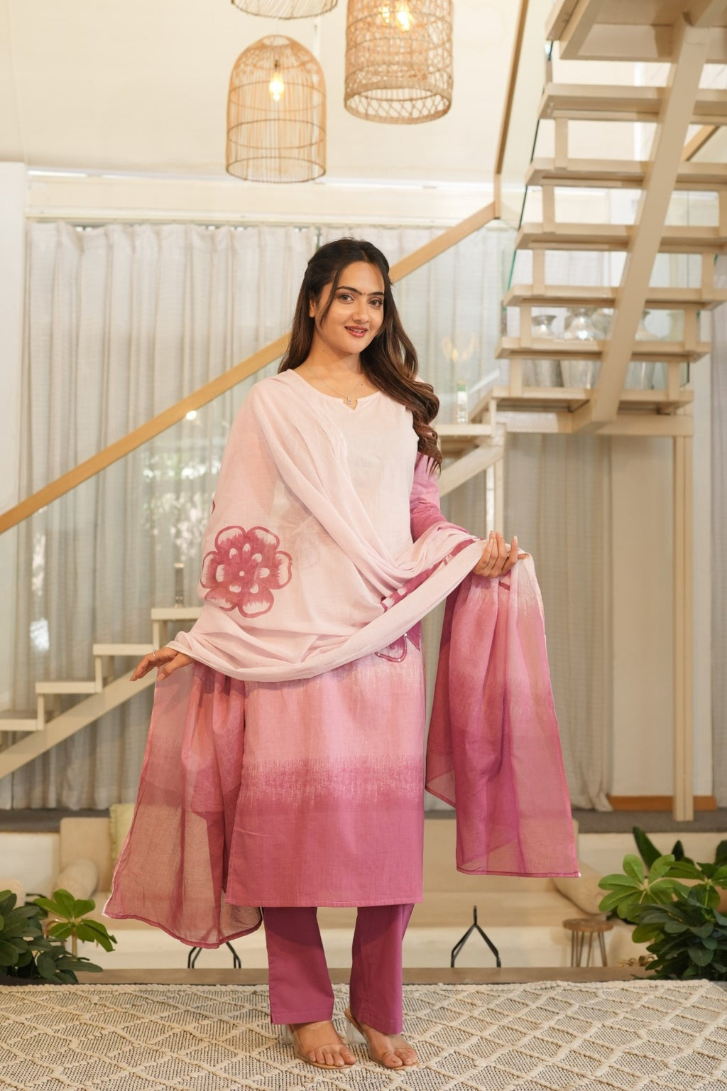 Soft Pink Ombre Ethnic Set – Kurta, Pant & Dupatta