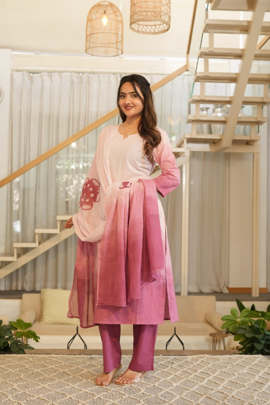 Soft Pink Ombre Ethnic Set – Kurta, Pant & Dupatta