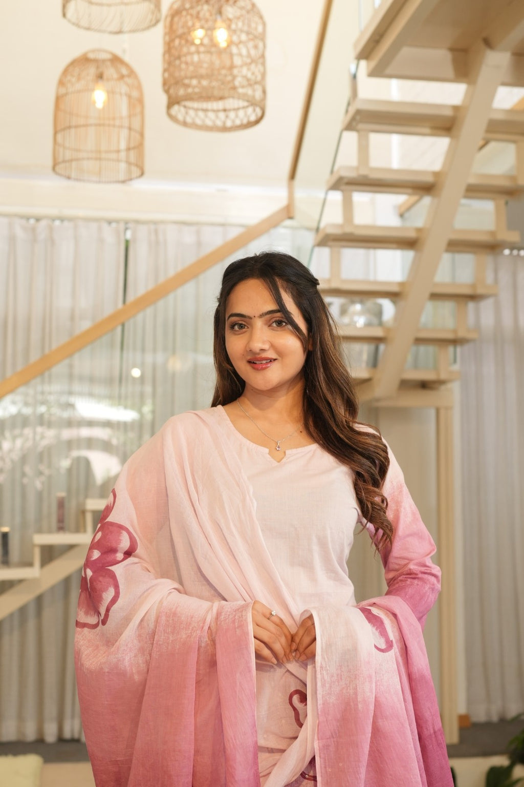 Soft Pink Ombre Ethnic Set – Kurta, Pant & Dupatta
