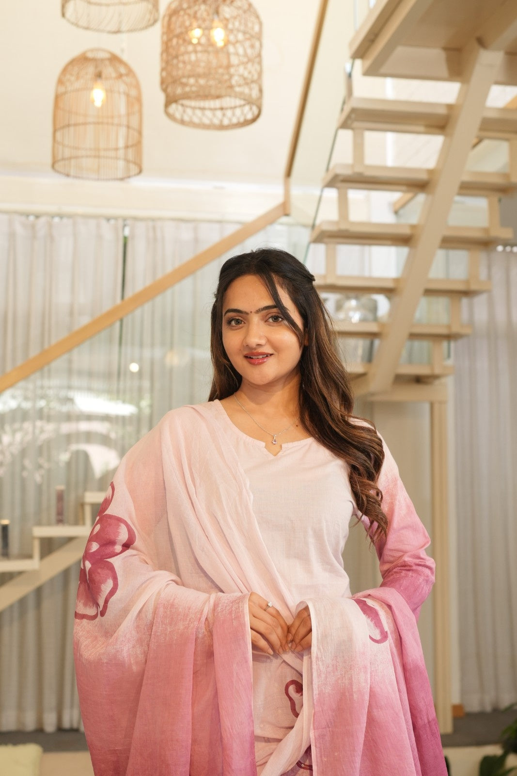 Soft Pink Ombre Ethnic Set – Kurta, Pant & Dupatta