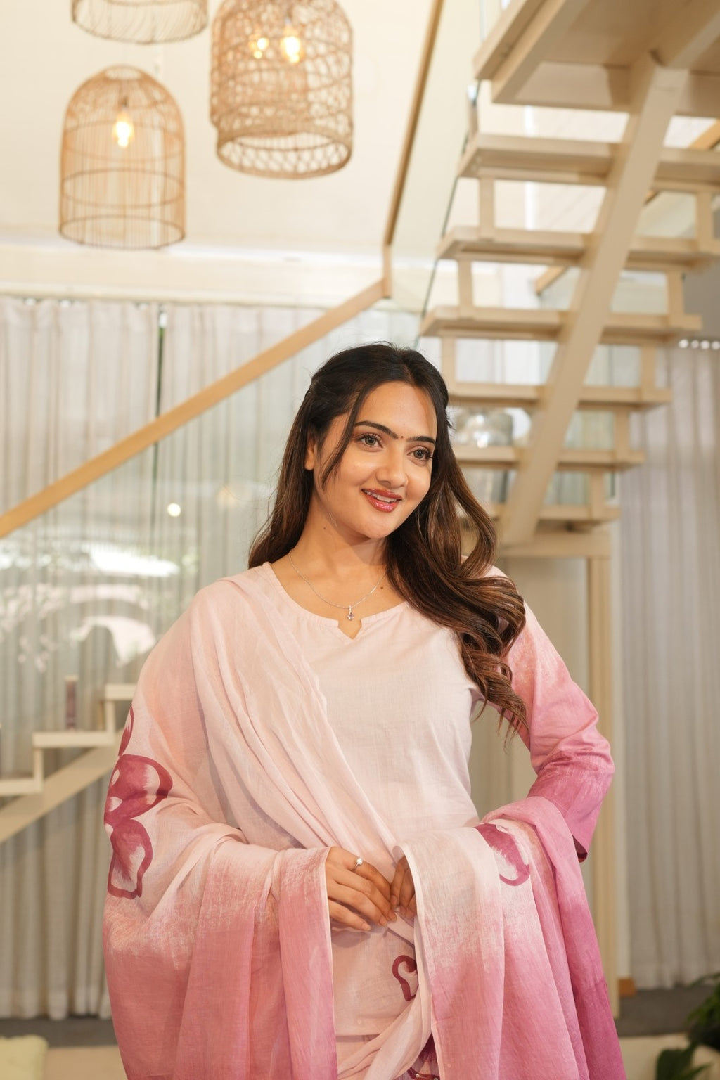 Soft Pink Ombre Ethnic Set – Kurta, Pant & Dupatta