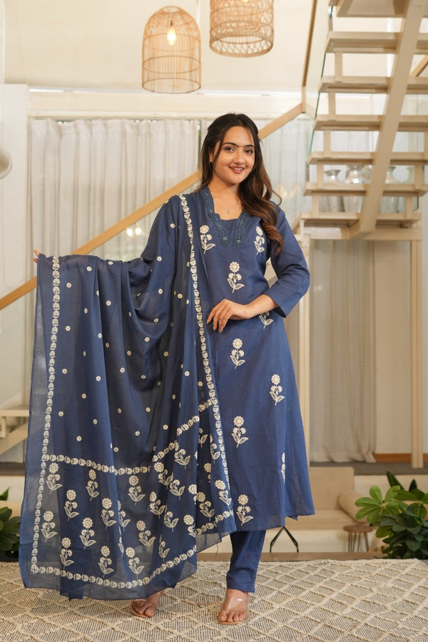 Elegant Blue Embroidered Ethnic Set – Kurta, Pant & Dupatta