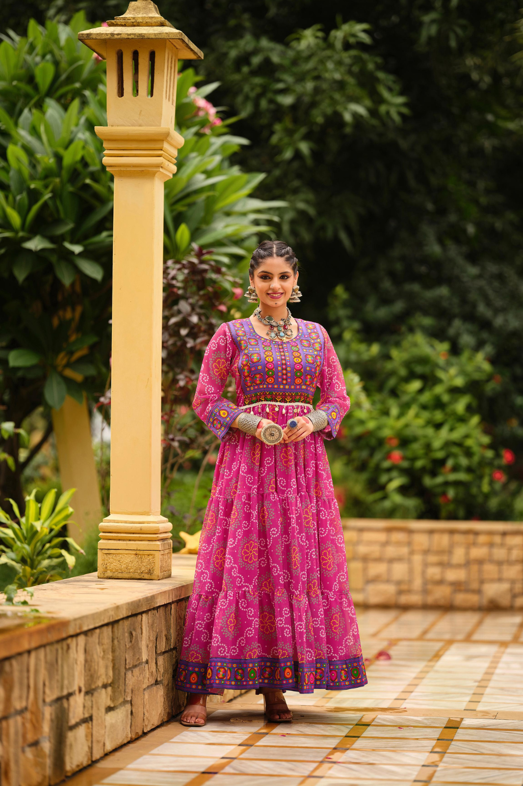 Premium Faux Georgette Gown with Gamthi Jacquard Weaving Neck & Three-Layer Ruffle Flair