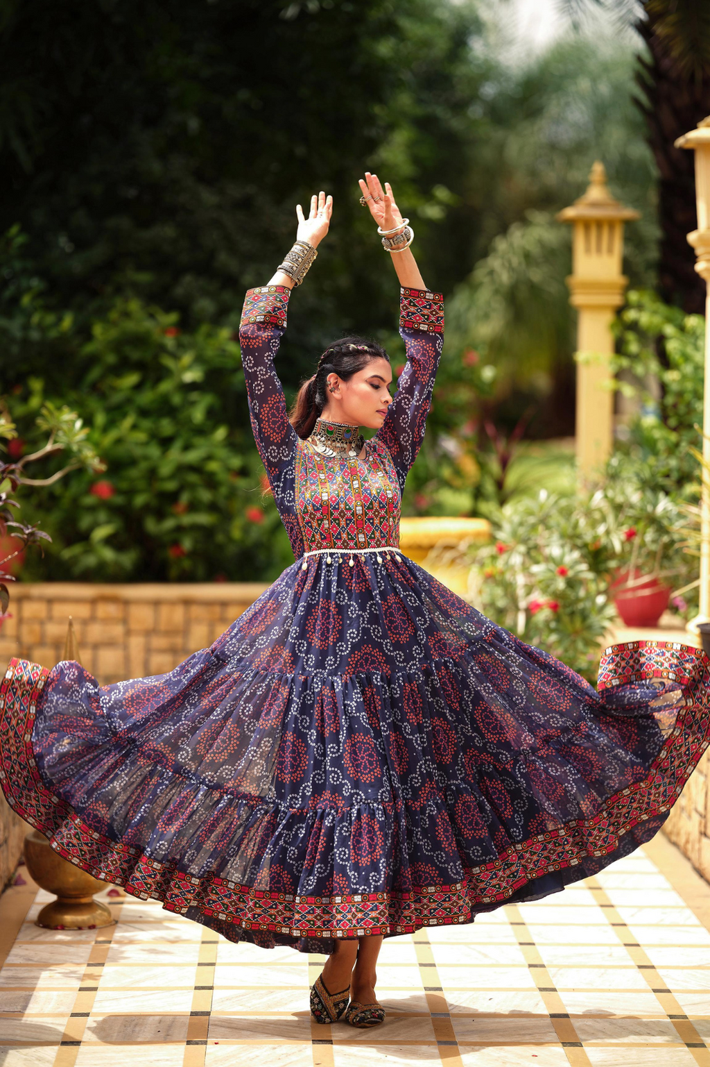 Premium Faux Georgette Gown with Gamthi Jacquard Weaving Neck & Three-Layer Ruffle Flair