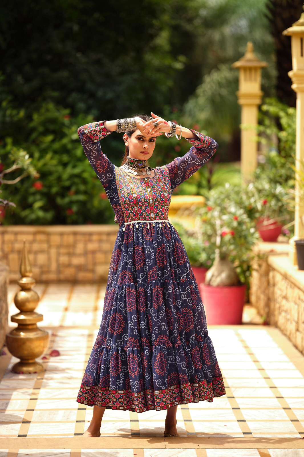 Premium Faux Georgette Gown with Gamthi Jacquard Weaving Neck & Three-Layer Ruffle Flair