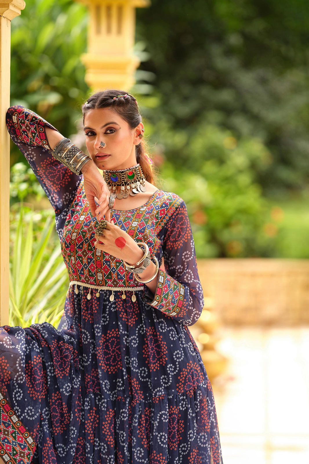 Premium Faux Georgette Gown with Gamthi Jacquard Weaving Neck & Three-Layer Ruffle Flair