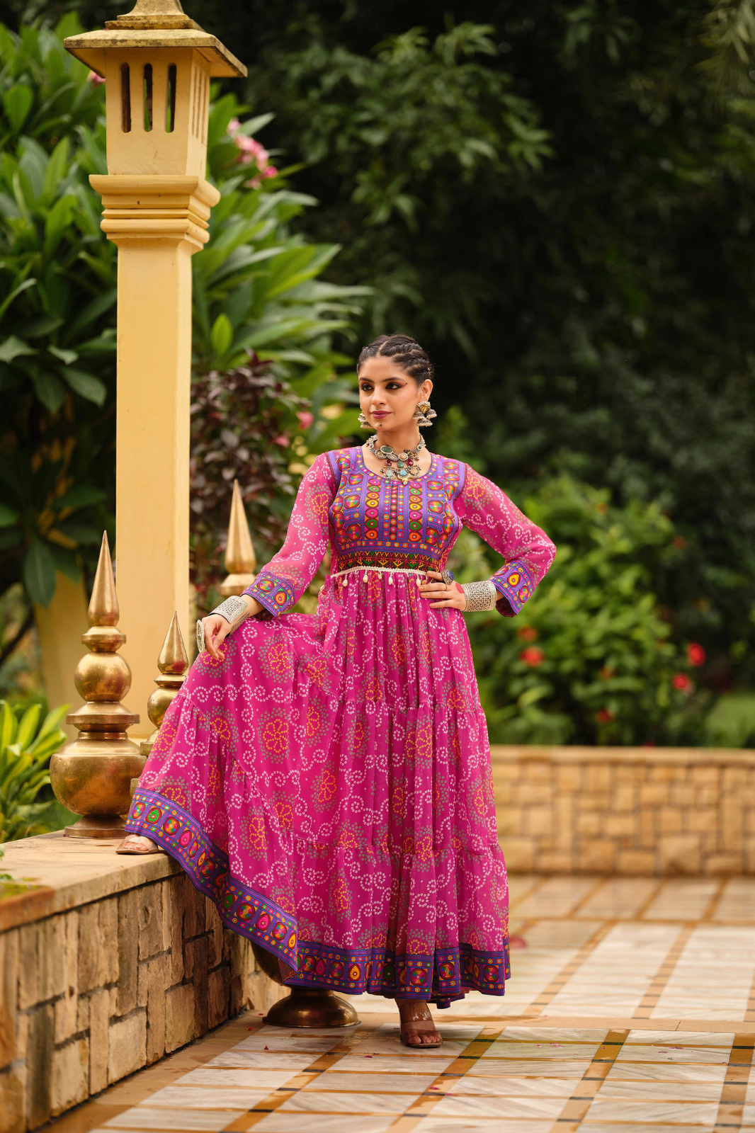 Premium Faux Georgette Gown with Gamthi Jacquard Weaving Neck & Three-Layer Ruffle Flair