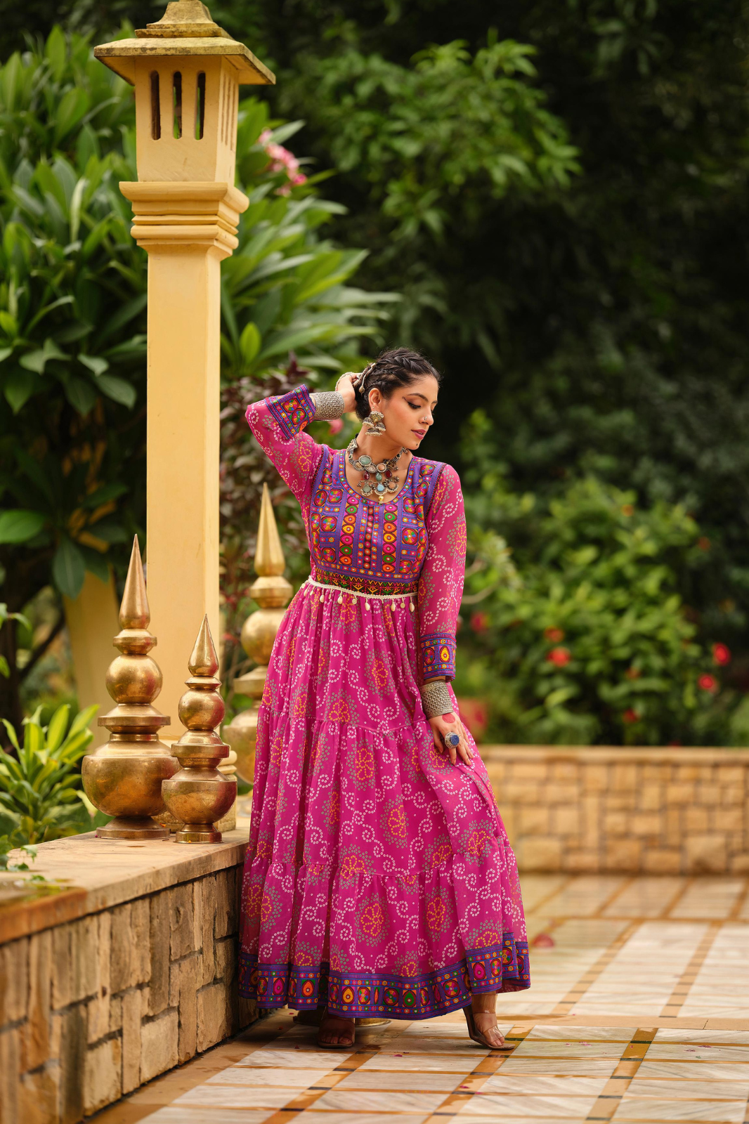 Premium Faux Georgette Gown with Gamthi Jacquard Weaving Neck & Three-Layer Ruffle Flair