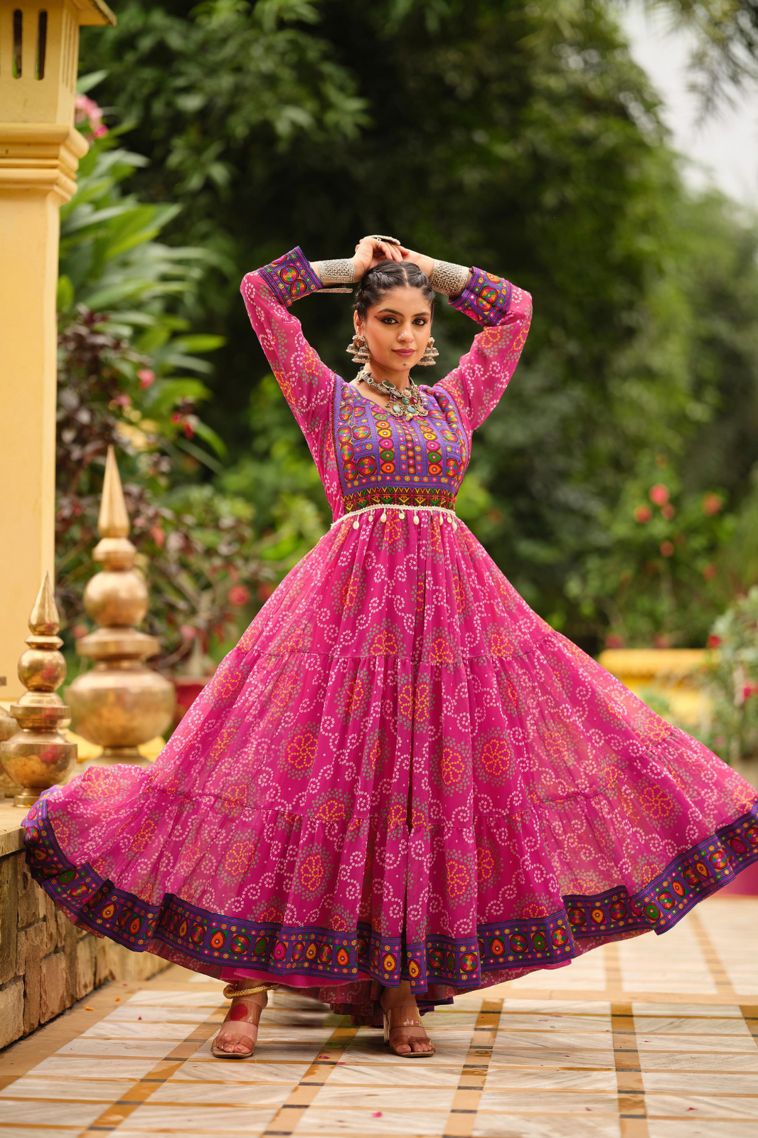 Premium Faux Georgette Gown with Gamthi Jacquard Weaving Neck & Three-Layer Ruffle Flair