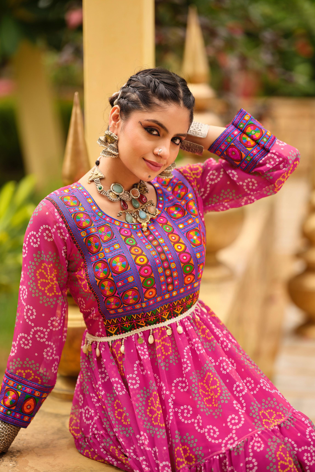 Premium Faux Georgette Gown with Gamthi Jacquard Weaving Neck & Three-Layer Ruffle Flair