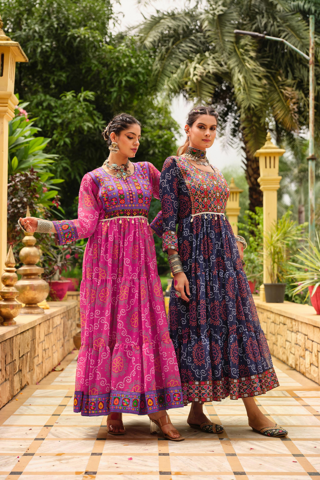 Premium Faux Georgette Gown with Gamthi Jacquard Weaving Neck & Three-Layer Ruffle Flair