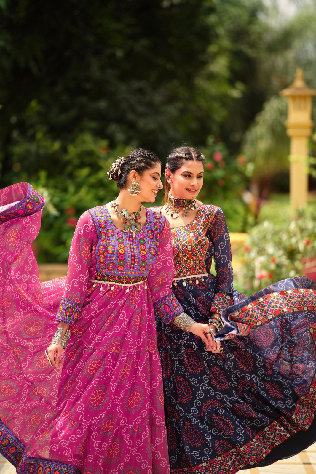 Premium Faux Georgette Gown with Gamthi Jacquard Weaving Neck & Three-Layer Ruffle Flair