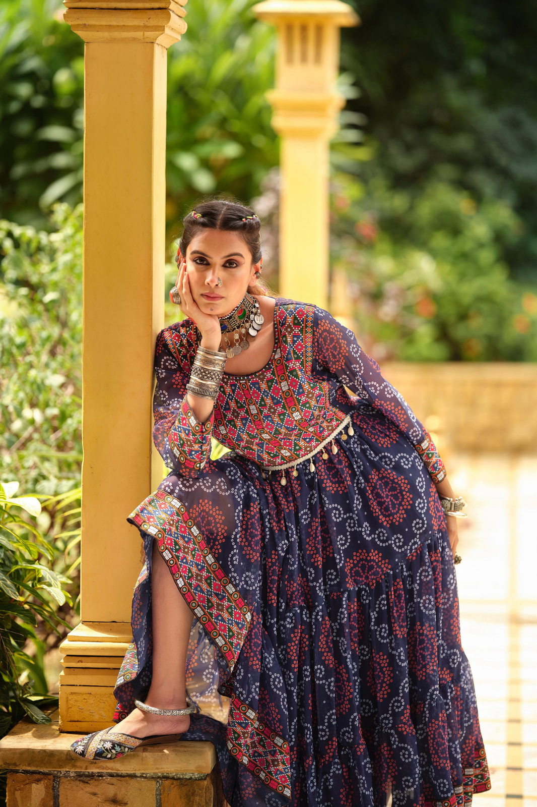 Premium Faux Georgette Gown with Gamthi Jacquard Weaving Neck & Three-Layer Ruffle Flair