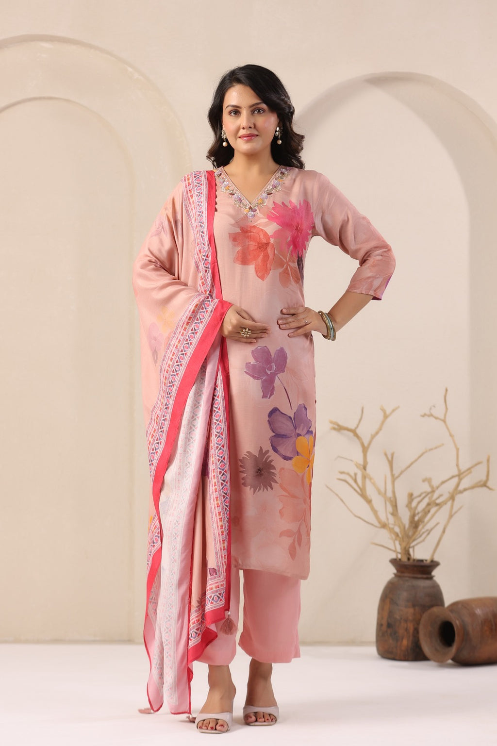 Elegant Peach Muslin 3-Piece Pant Set with Dupatta